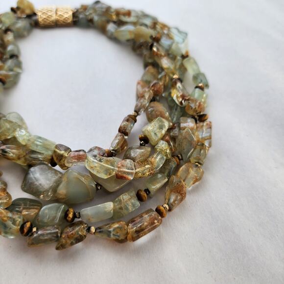 CINER Semiprecious 5 Strand Natural Aquamarine Stone, Tiger Eye Statement Choker - Picture 5 of 12